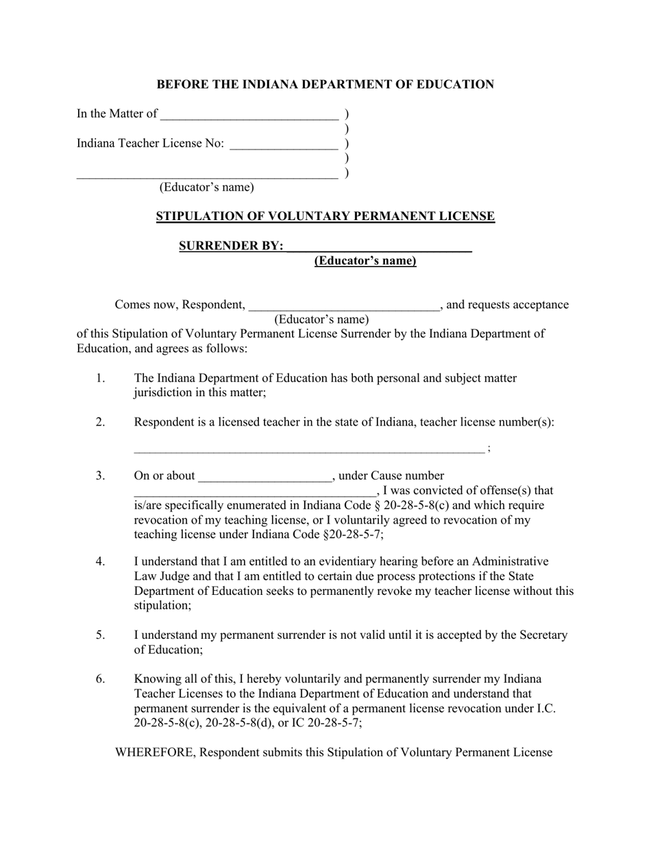 Stipulation of Voluntary Permanent License - Indiana, Page 1