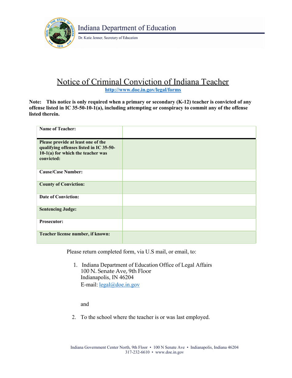Indiana Notice of Criminal Conviction of Indiana Teacher - Fill Out ...