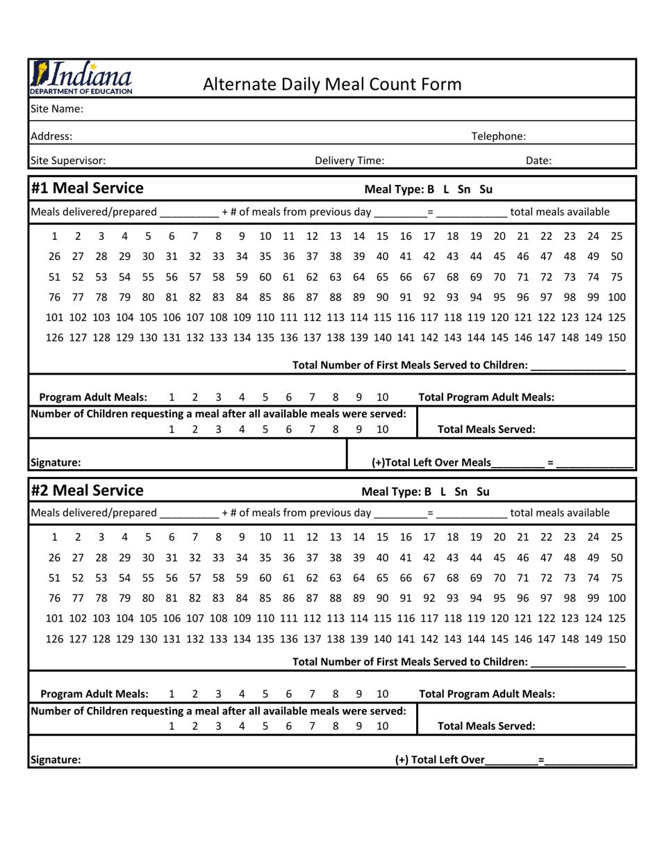 Alternate Daily Meal Count Form - Adult Meals - Indiana, Page 1
