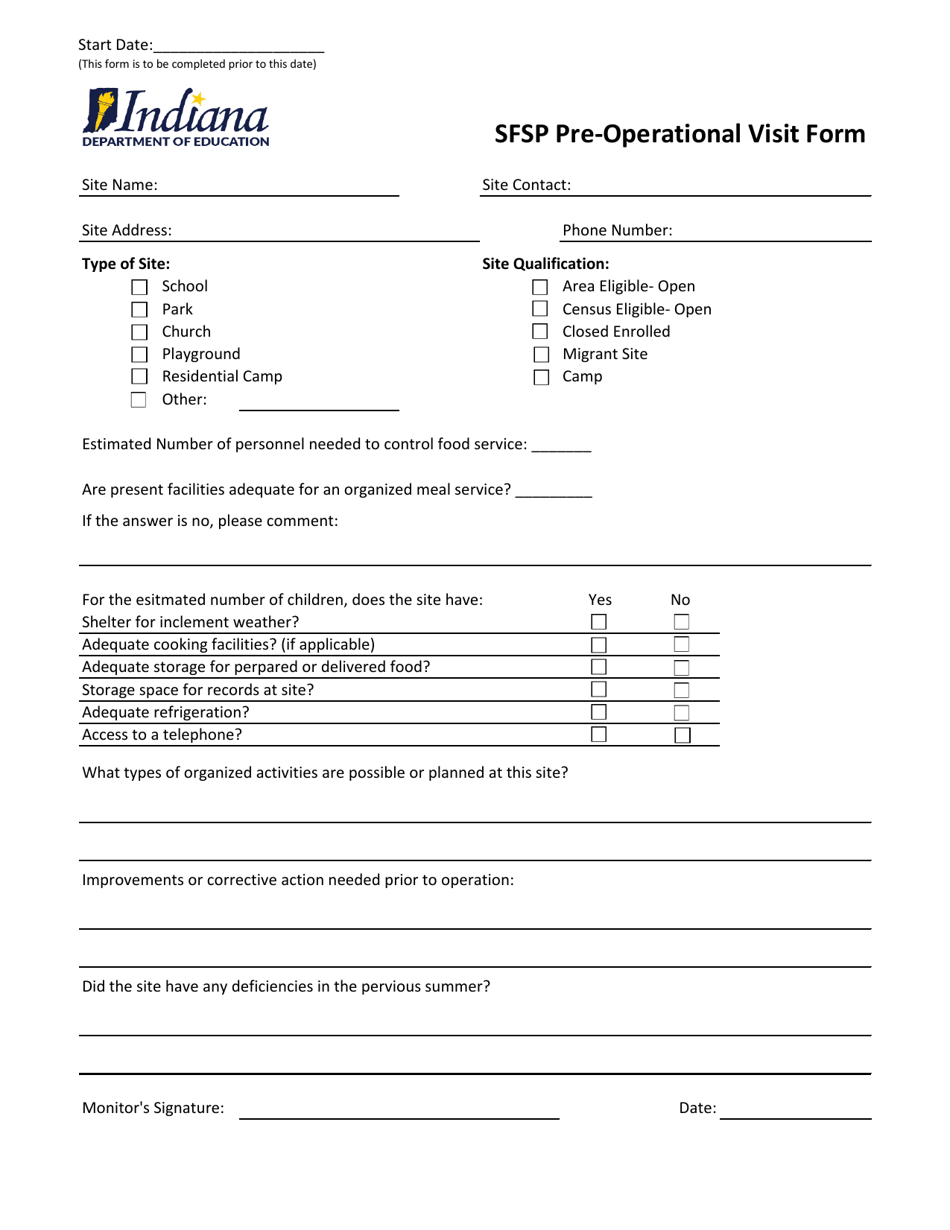 Sfsp Pre-operational Visit Form - Indiana, Page 1