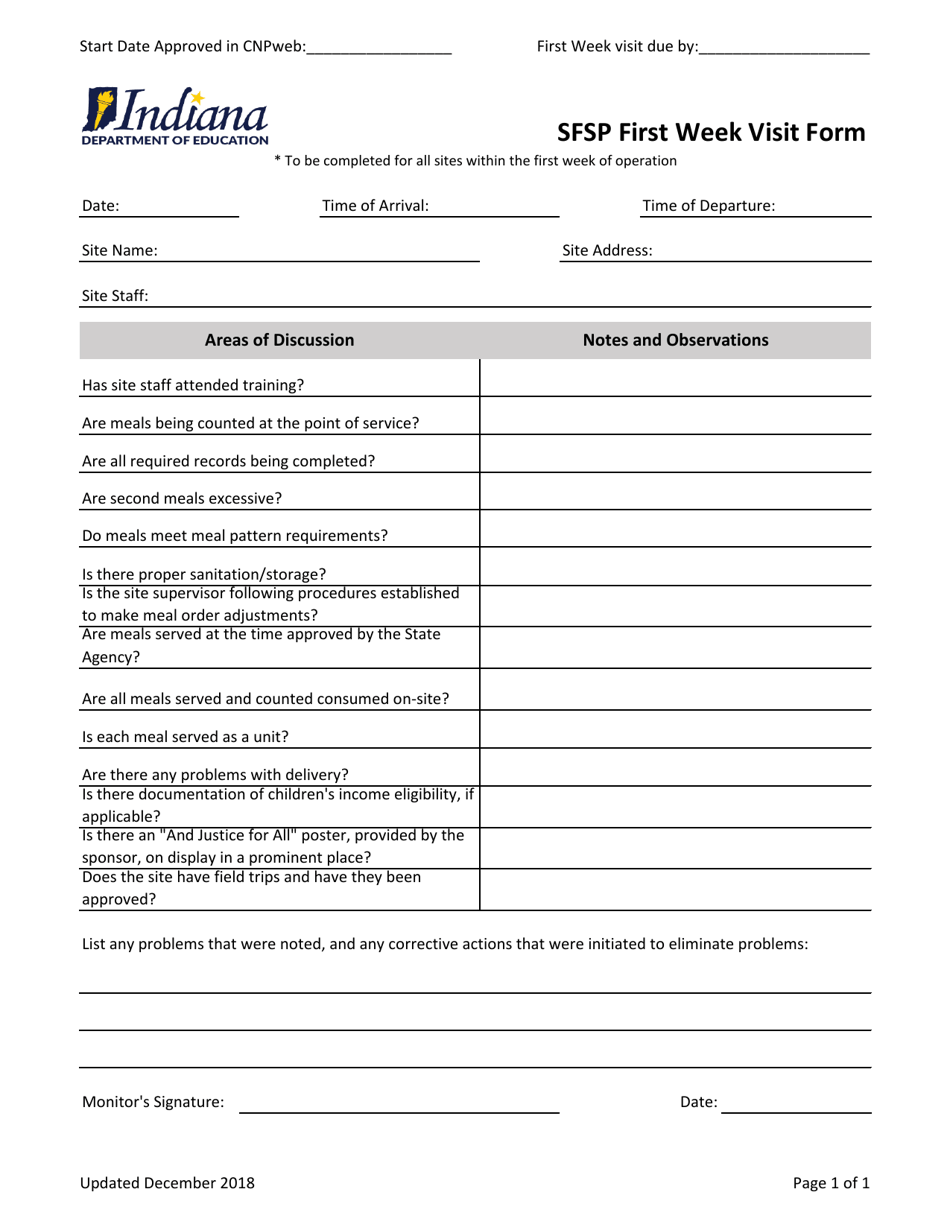 Sfsp First Week Visit Form - Indiana, Page 1
