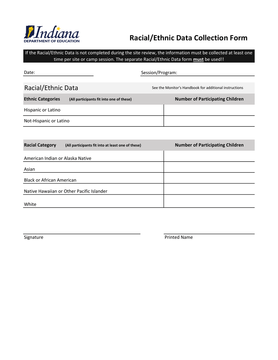 Racial / Ethnic Data Collection Form - Indiana, Page 1