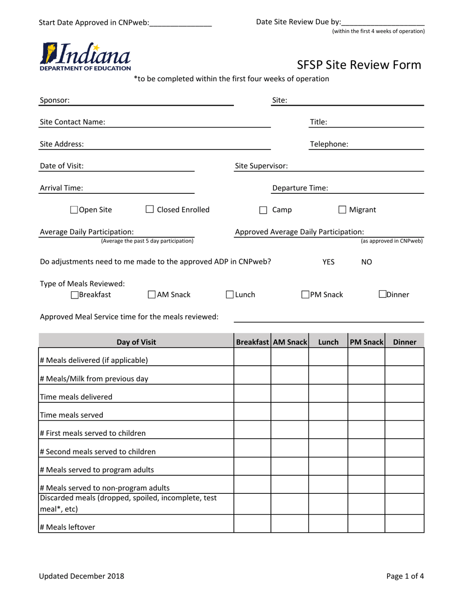 Sfsp Site Review Form - Indiana, Page 1