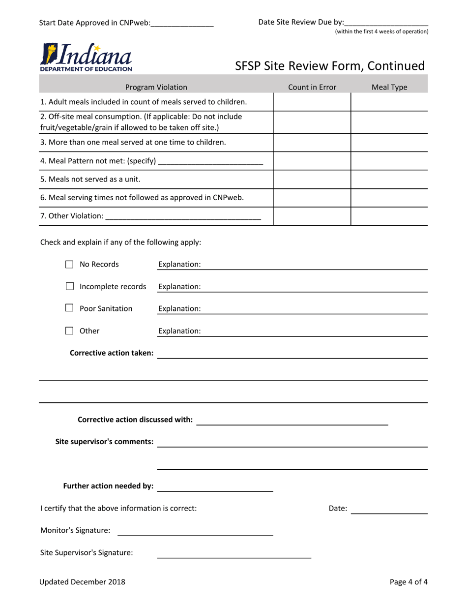 Sfsp Site Review Form - Indiana, Page 4
