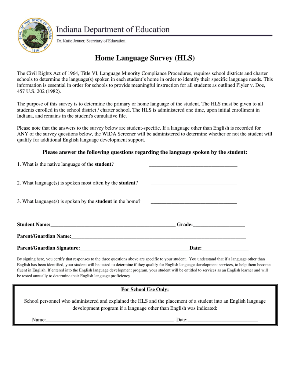 Home Language Survey (Hls) - Indiana, Page 1