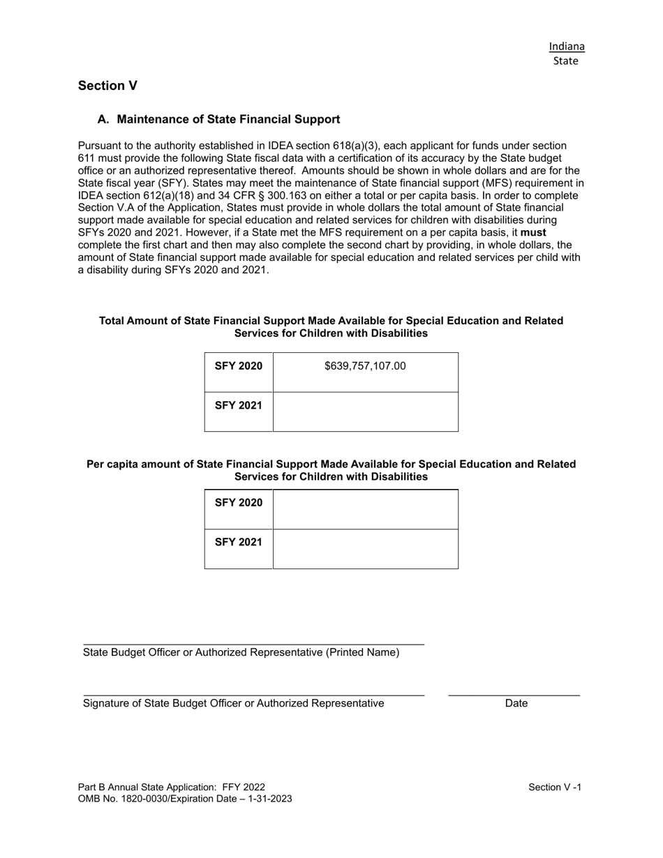 Section V Maintenance of State Financial Support - Indiana, Page 1