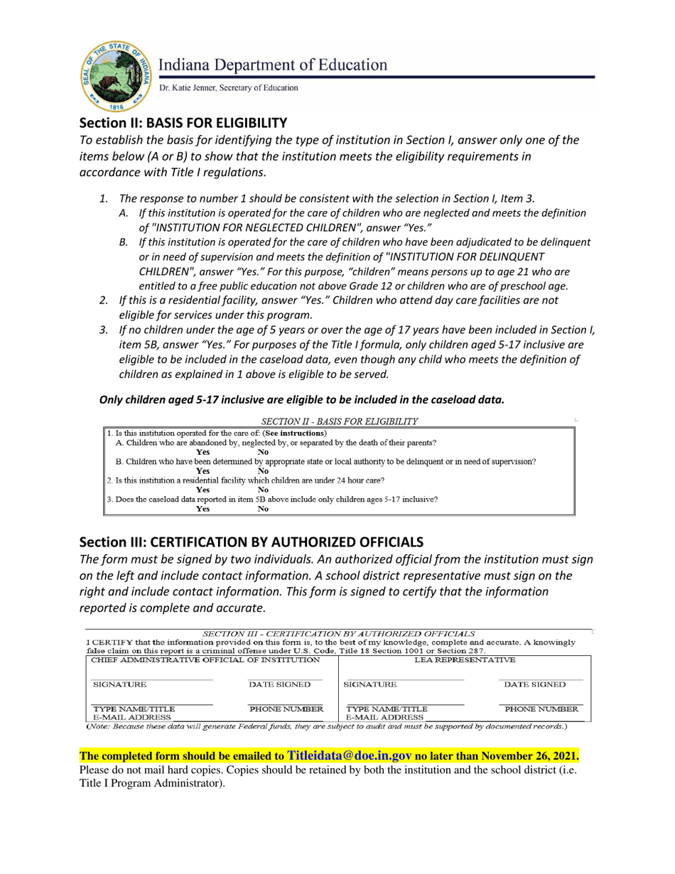 Instructions for Annual Survey of Children in State Operated / Supported Institutions for Neglected or Delinquent Children or Children in Adult Correctional Institutions - Indiana, Page 4