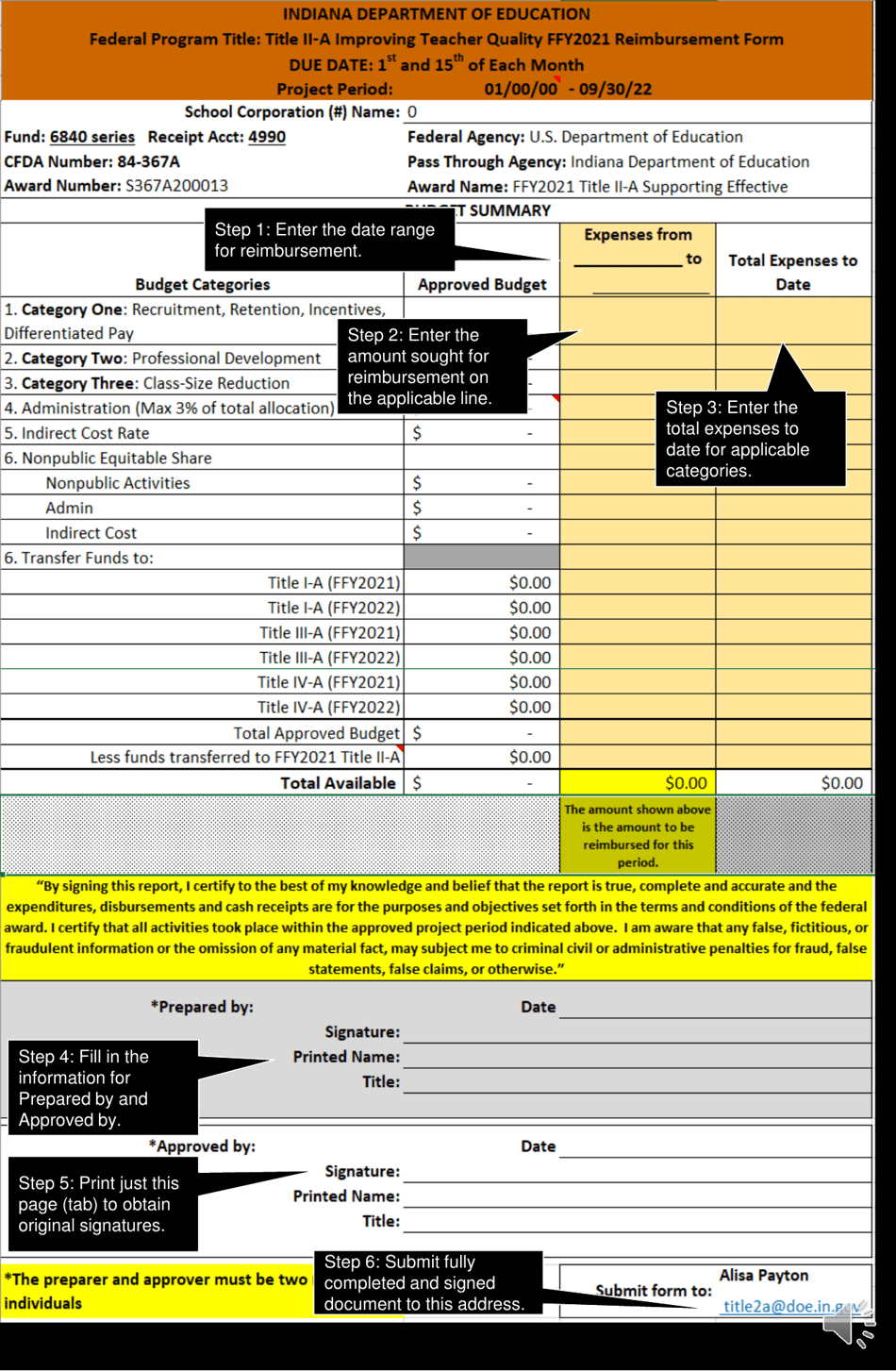 Instructions for Title II-A Improving Teacher Quality Reimbursement Form - Indiana, Page 5