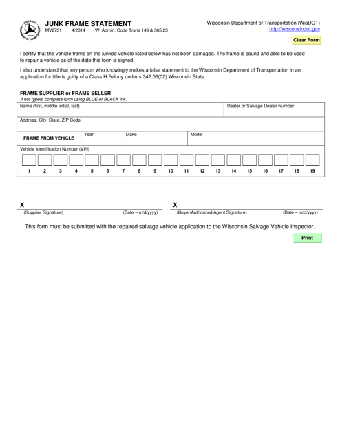 Form MV2731 Junk Frame Statement - Wisconsin