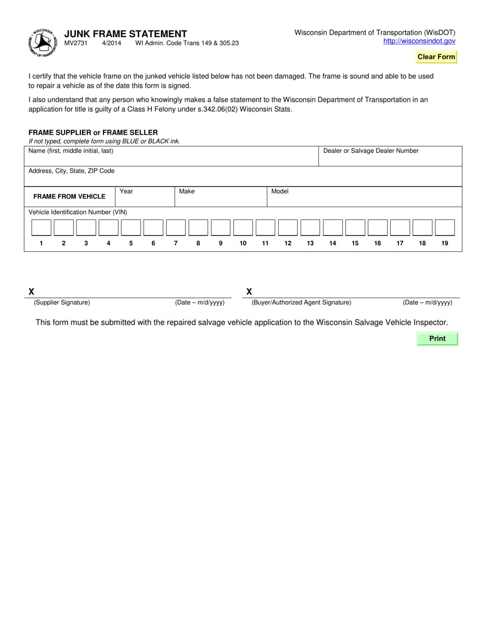 Form MV2731 Junk Frame Statement - Wisconsin, Page 1