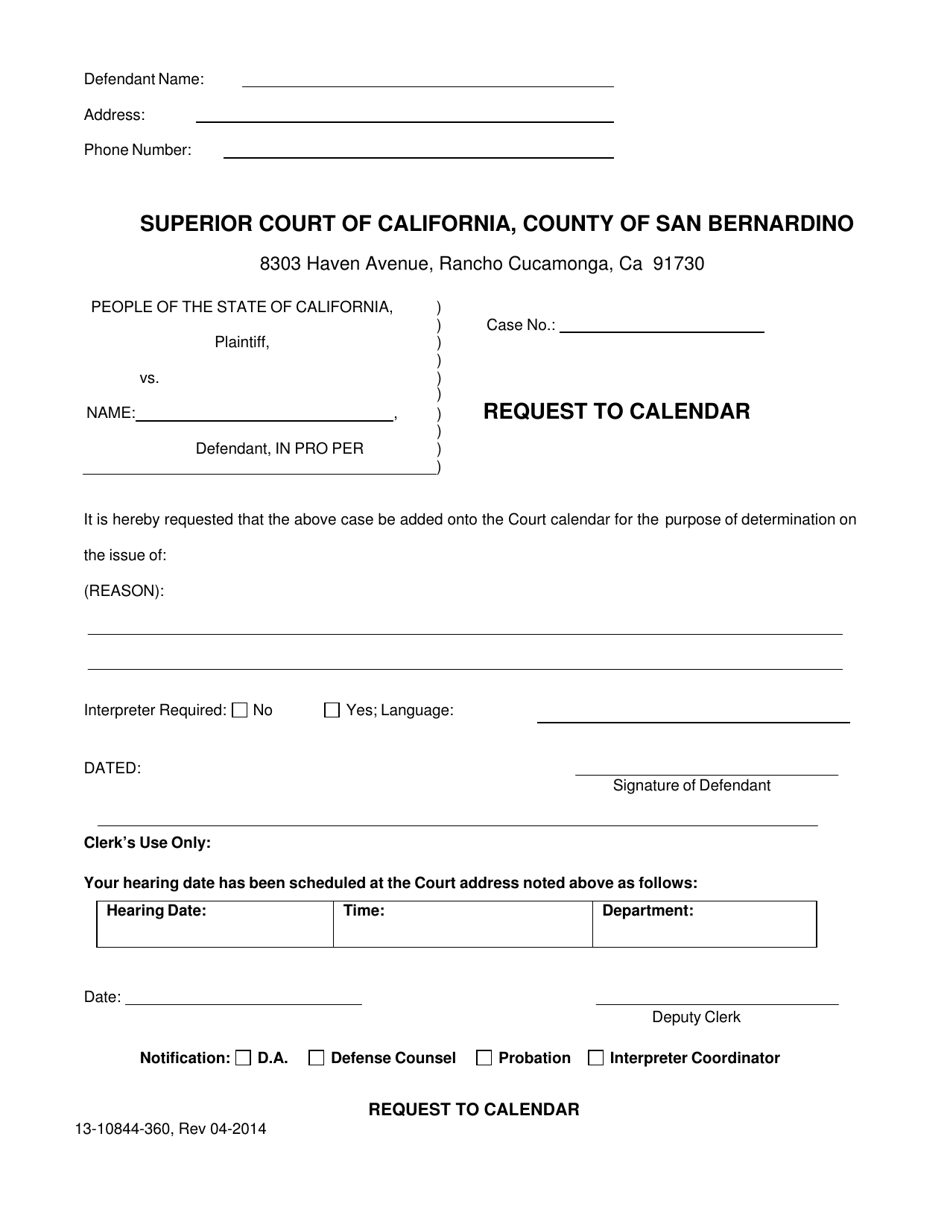 Form 13-10844-360 Request to Calendar - County of San Bernardino, California, Page 1