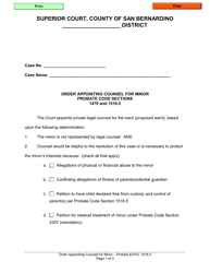 Document preview: Order Appointing Counsel for Minor Probate Code Sections 1470 and 1516.5 - County of San Bernardino, California