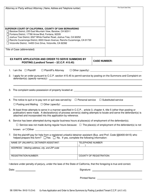 Form SB-12950 Ex Parte Application and Order to Serve Summons by Posting - County of San Bernardino, California
