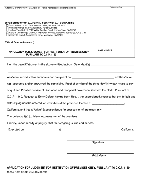 Form SB-349 Application for Judgment for Restitution of Premises Only Pursuant to C.c.p. 1169 - County of San Bernardino, California