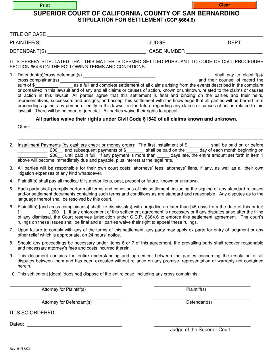 Stipulation for Settlement (Ccp 664.6) - County of San Bernardino, California, Page 1
