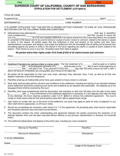 Stipulation for Settlement (Ccp 664.6) - County of San Bernardino, California Download Pdf