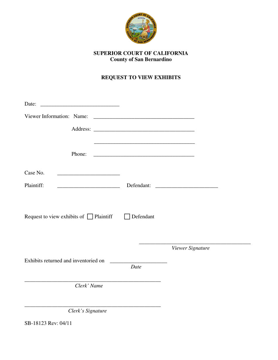 Form SB-18123 Request to View Exhibits - County of San Bernardino, California, Page 1