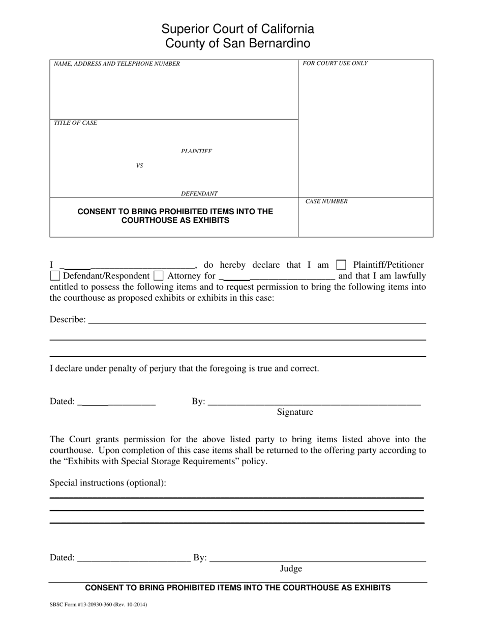 Form 13-20930-360 Consent to Bring Prohibited Items Into the Courthouse as Exhibits - County of San Bernardino, California, Page 1