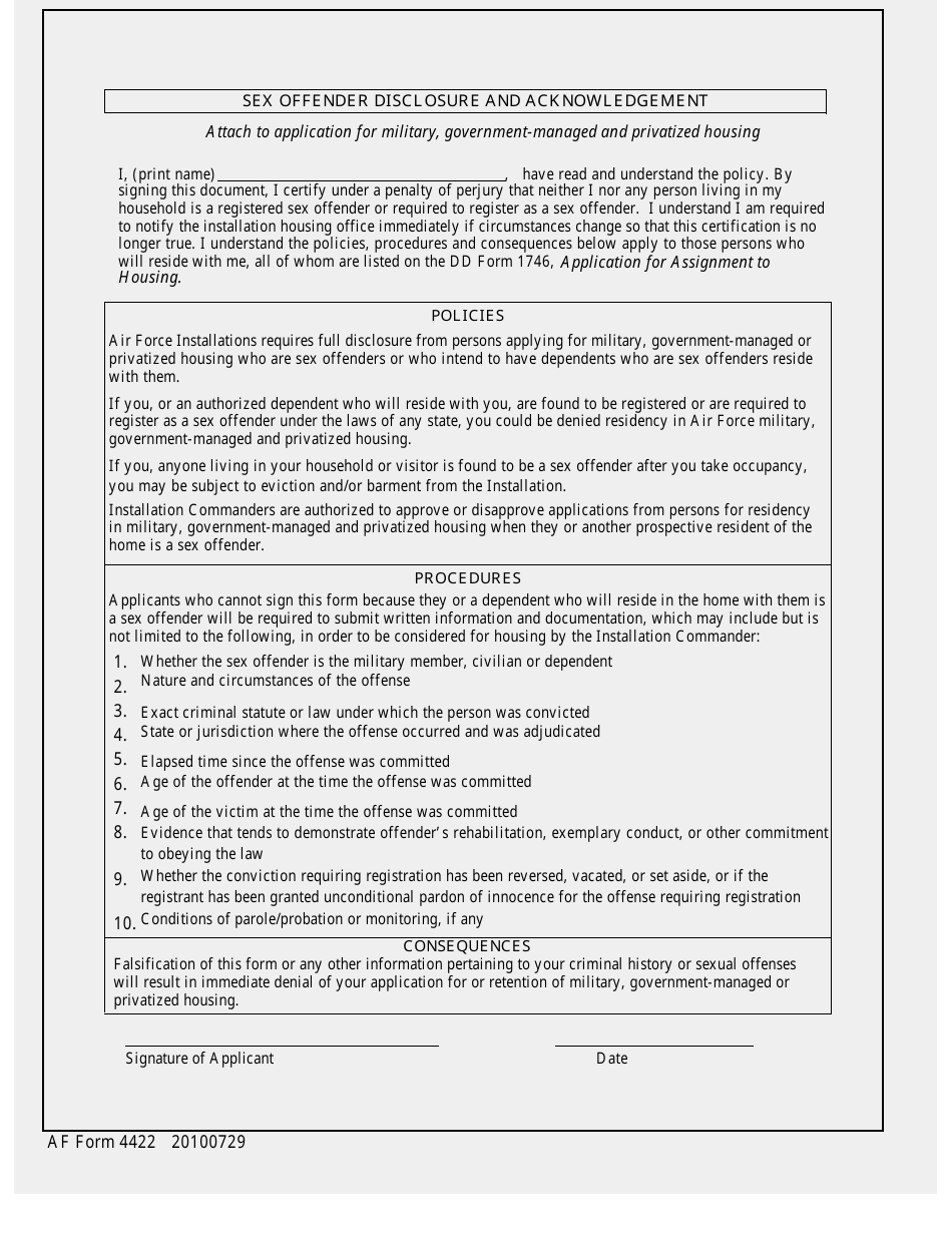 AF Form 4422 Sex Offender Disclosure and Acknowledgement, Page 1