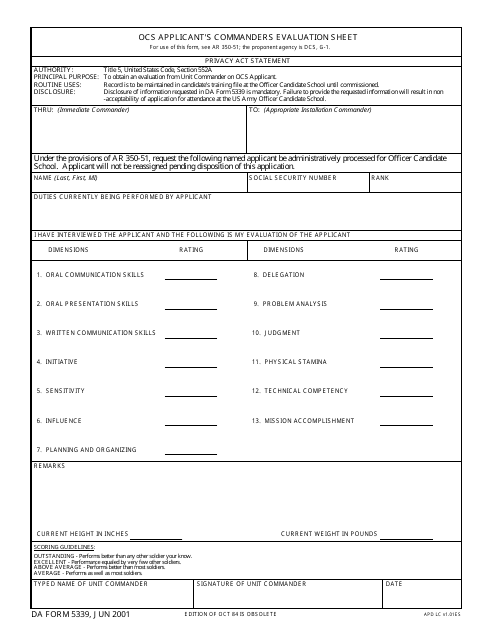 DA Form 5339 Ocs Applicant's Commanders Evaluation Sheet