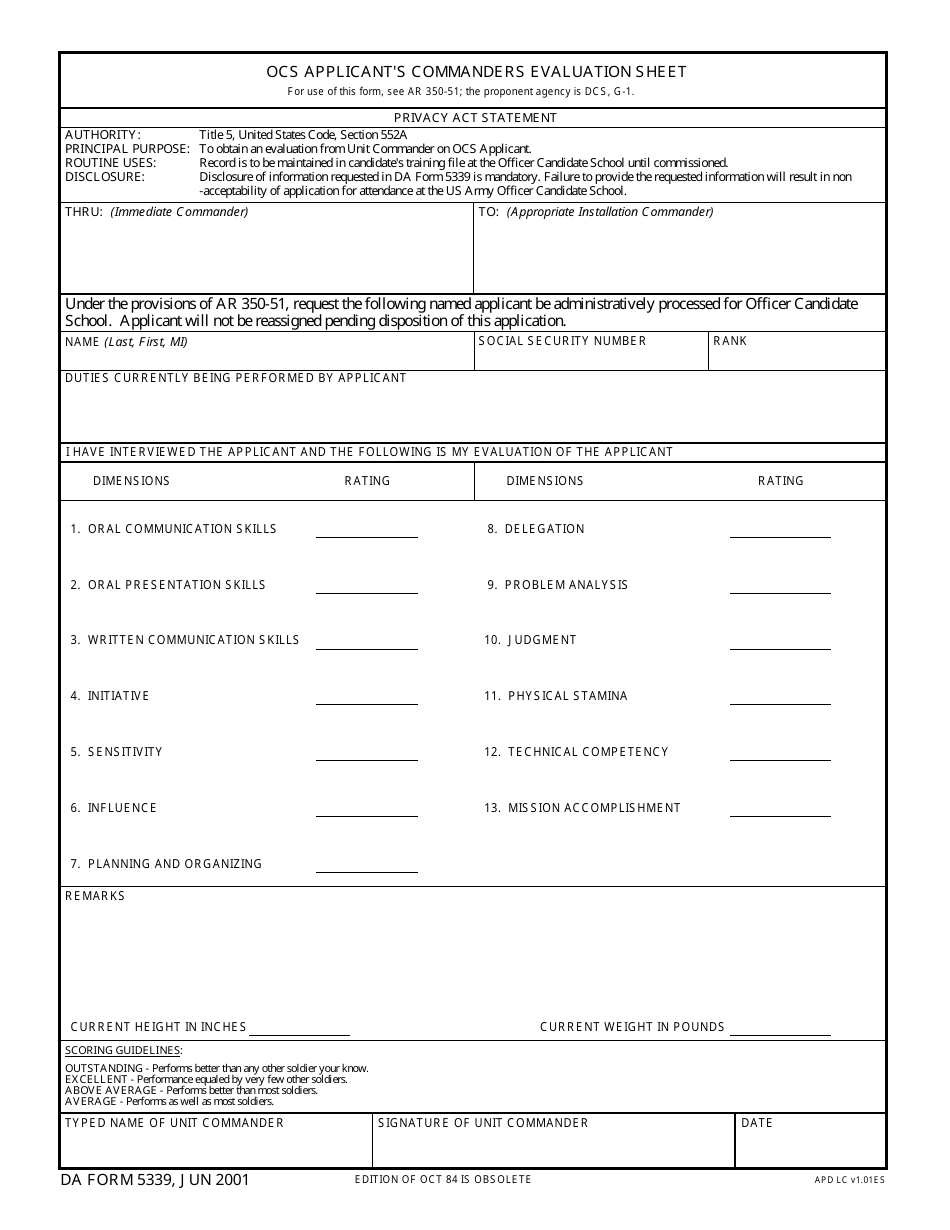 DA Form 5339 Ocs Applicants Commanders Evaluation Sheet, Page 1
