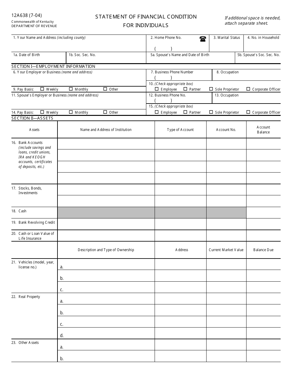 Form 12A638 Statement of Financial Condition for Individuals - Kentucky, Page 2