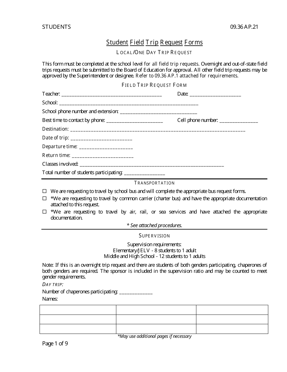 Student Field Trip Request Forms, Page 1