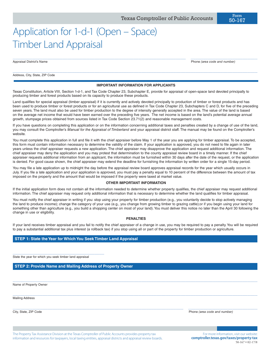 Form 50-167 Application for 1-d-1 (Open - Space) Timber Land Appraisal - Texas, Page 1