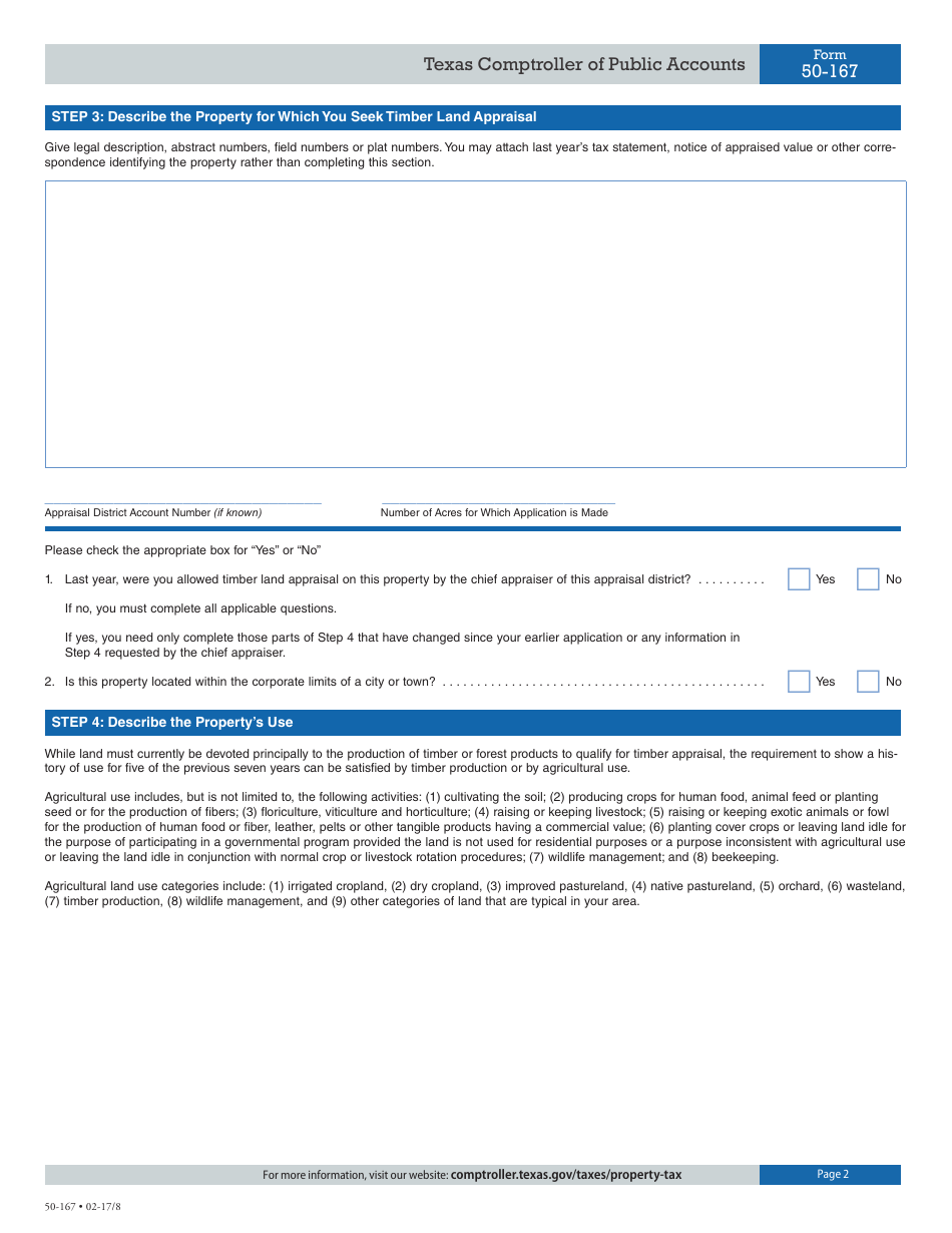 Form 50-167 Application for 1-d-1 (Open - Space) Timber Land Appraisal - Texas, Page 2