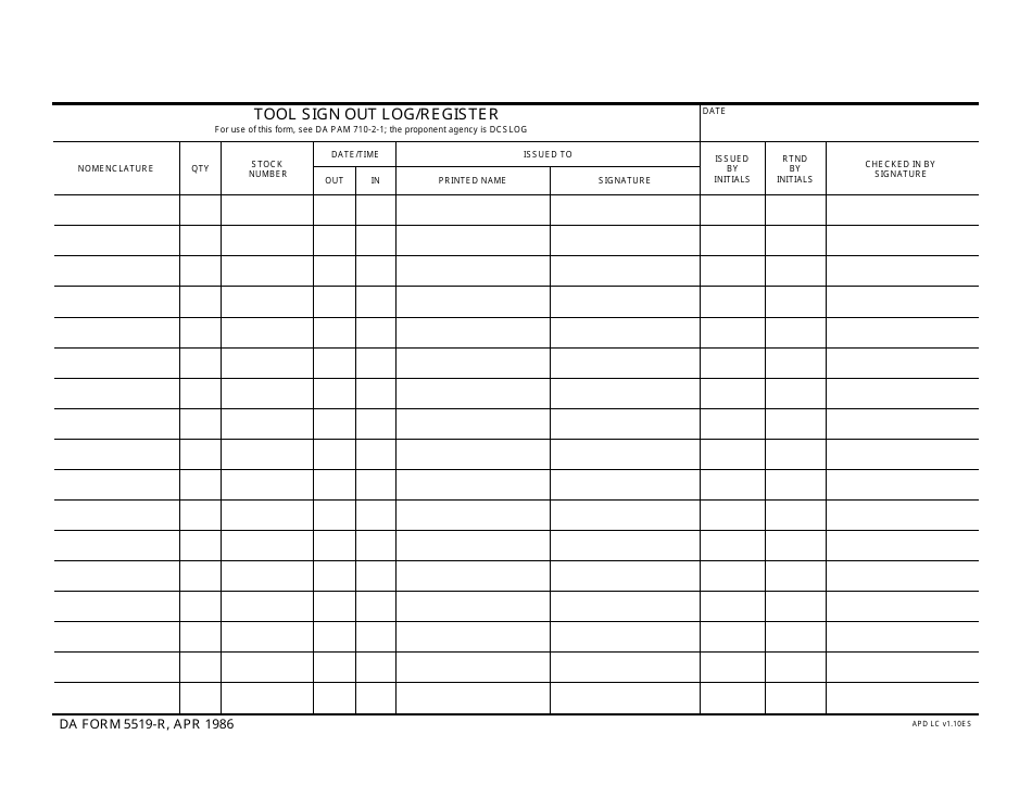 DA Form 5519-r Tool Sign out Log / Register, Page 1