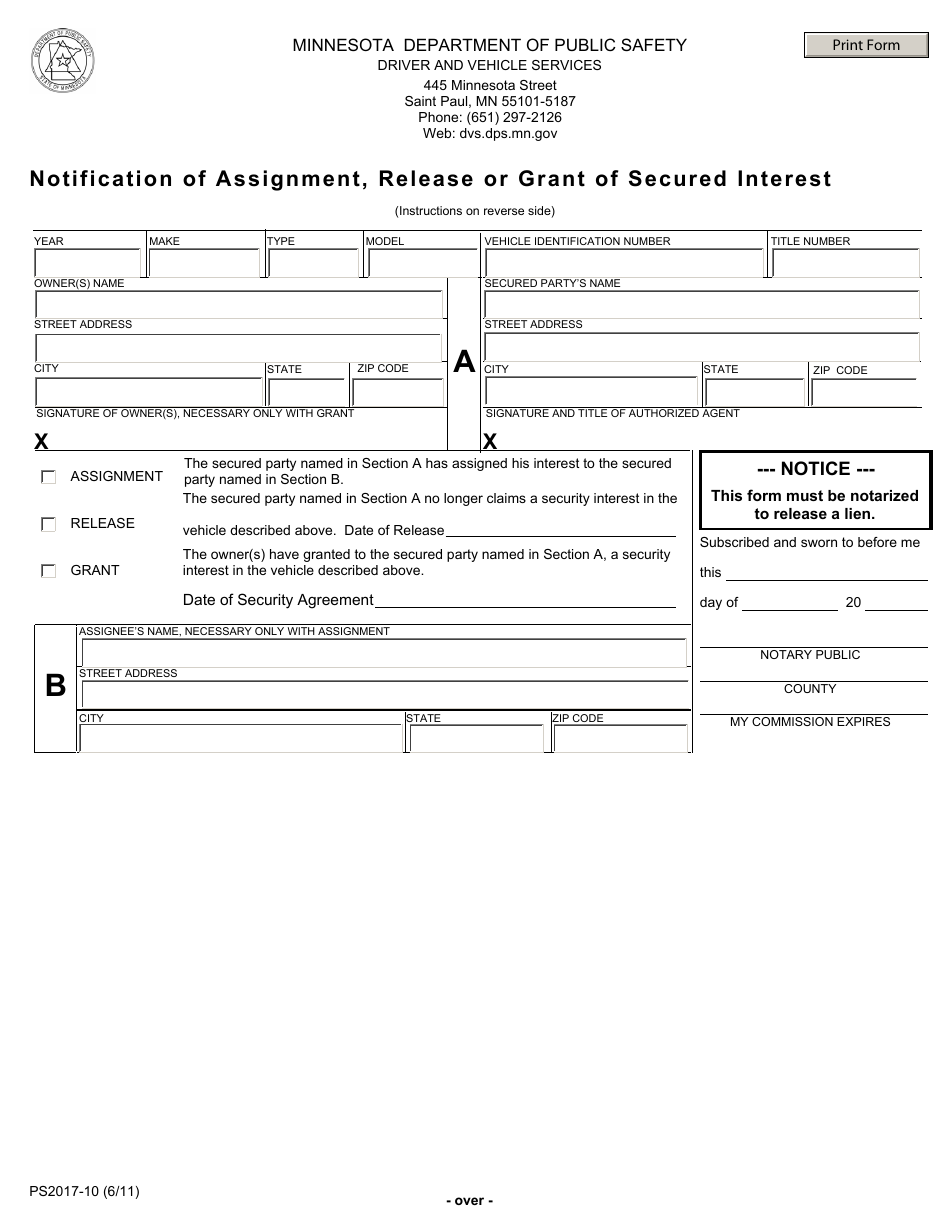 Form PS2017-10 Notification of Assignment, Release or Grant of Secured Interest - Minnesota, Page 1