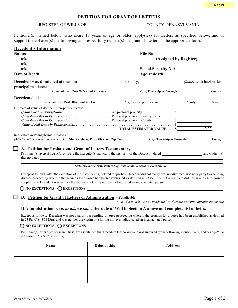 Form RW-02 Petition for Grant of Letters - Pennsylvania, Page 1