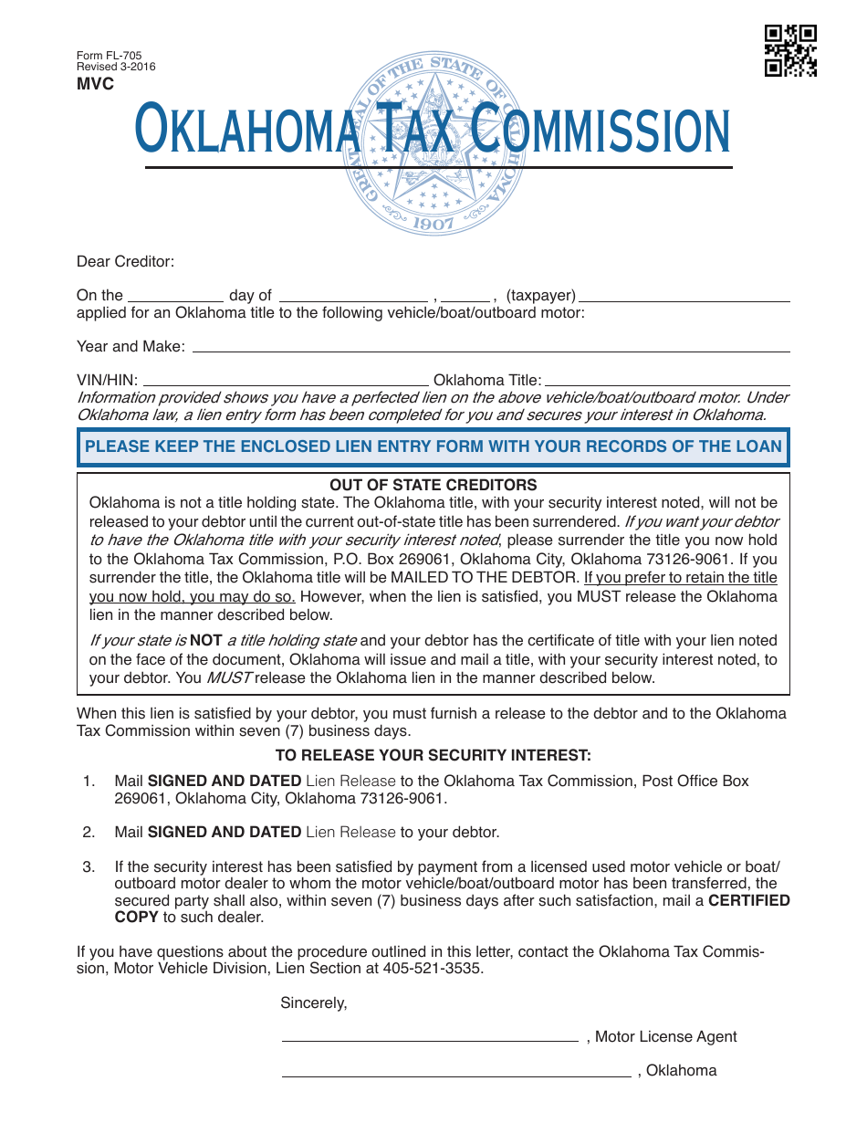 Form FL-705 Out of State Creditors Letter - Oklahoma, Page 1