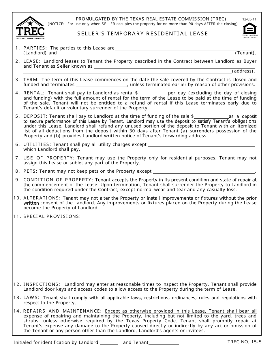 TREC Form 15-5 Sellers Temporary Residential Lease - Texas, Page 1