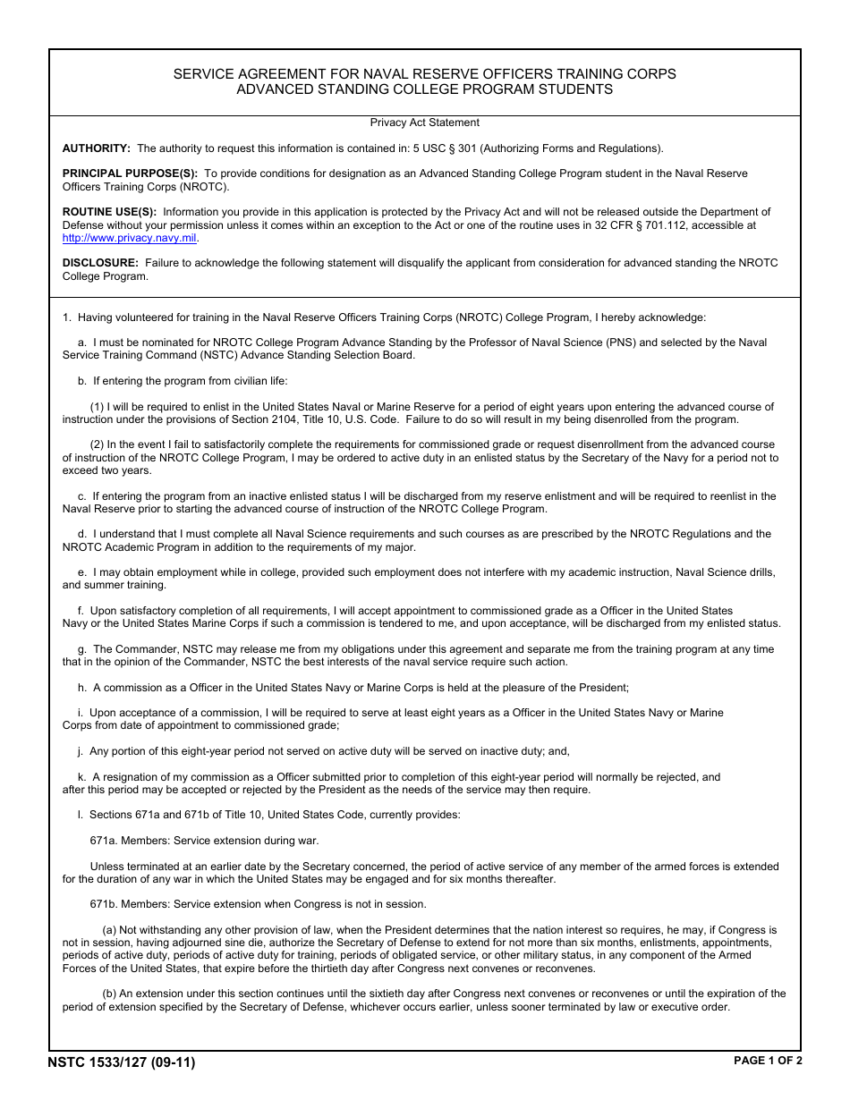 Form NSTC1533 / 127 Service Agreement, Page 1