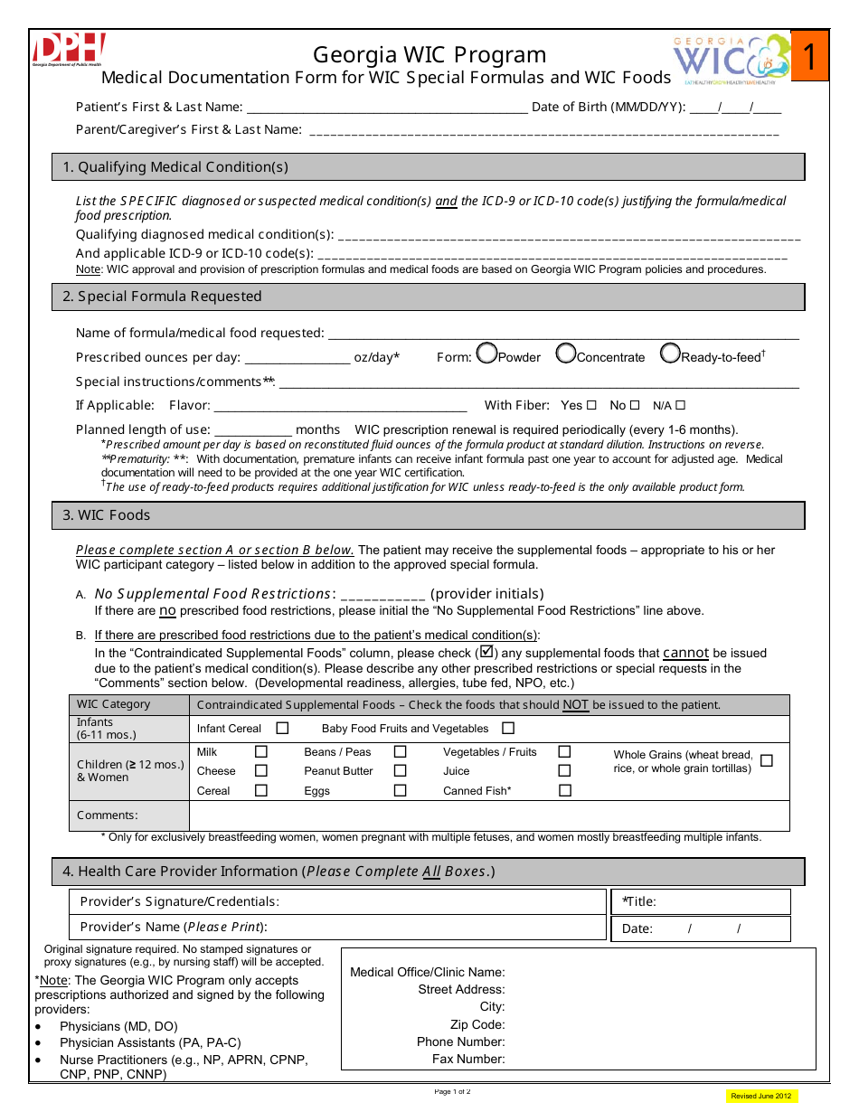 Medical Documentation Form for Wic Special Formulas and Wic Foods - Georgia (United States), Page 1