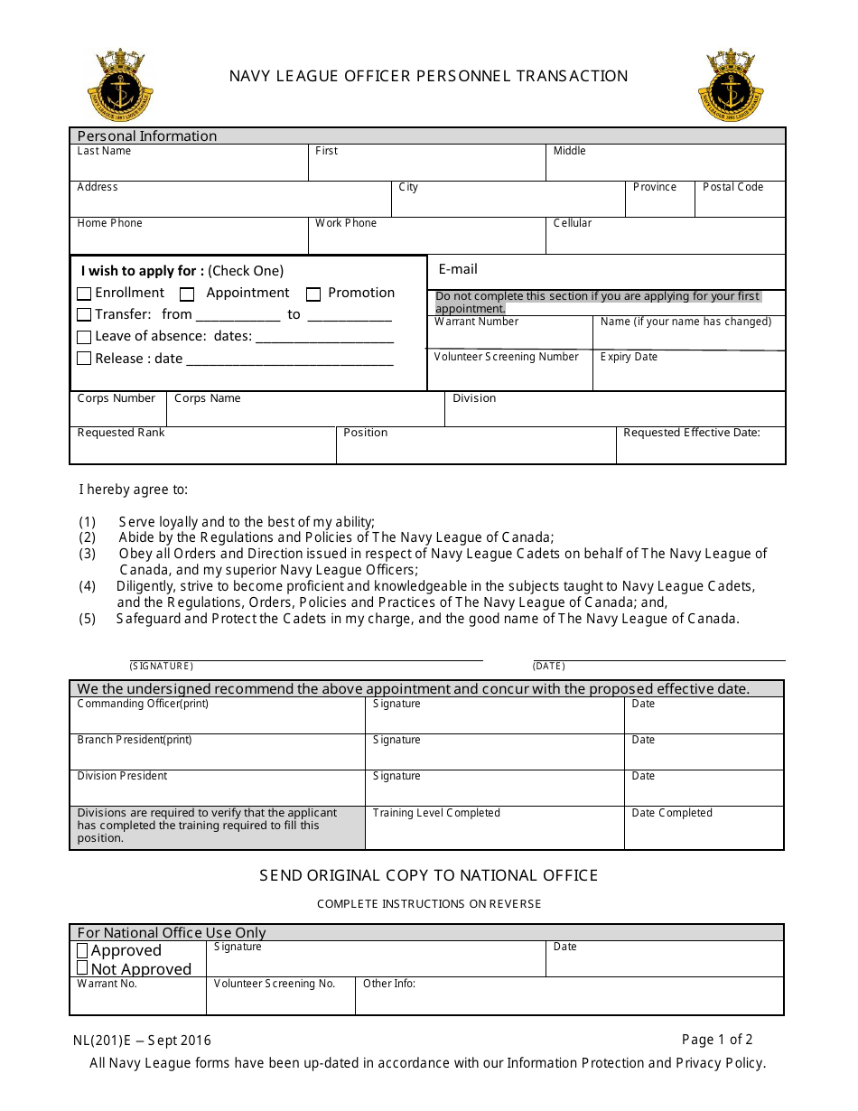 Form 201 Navy League Officer Personnel Transaction - Canada, Page 1