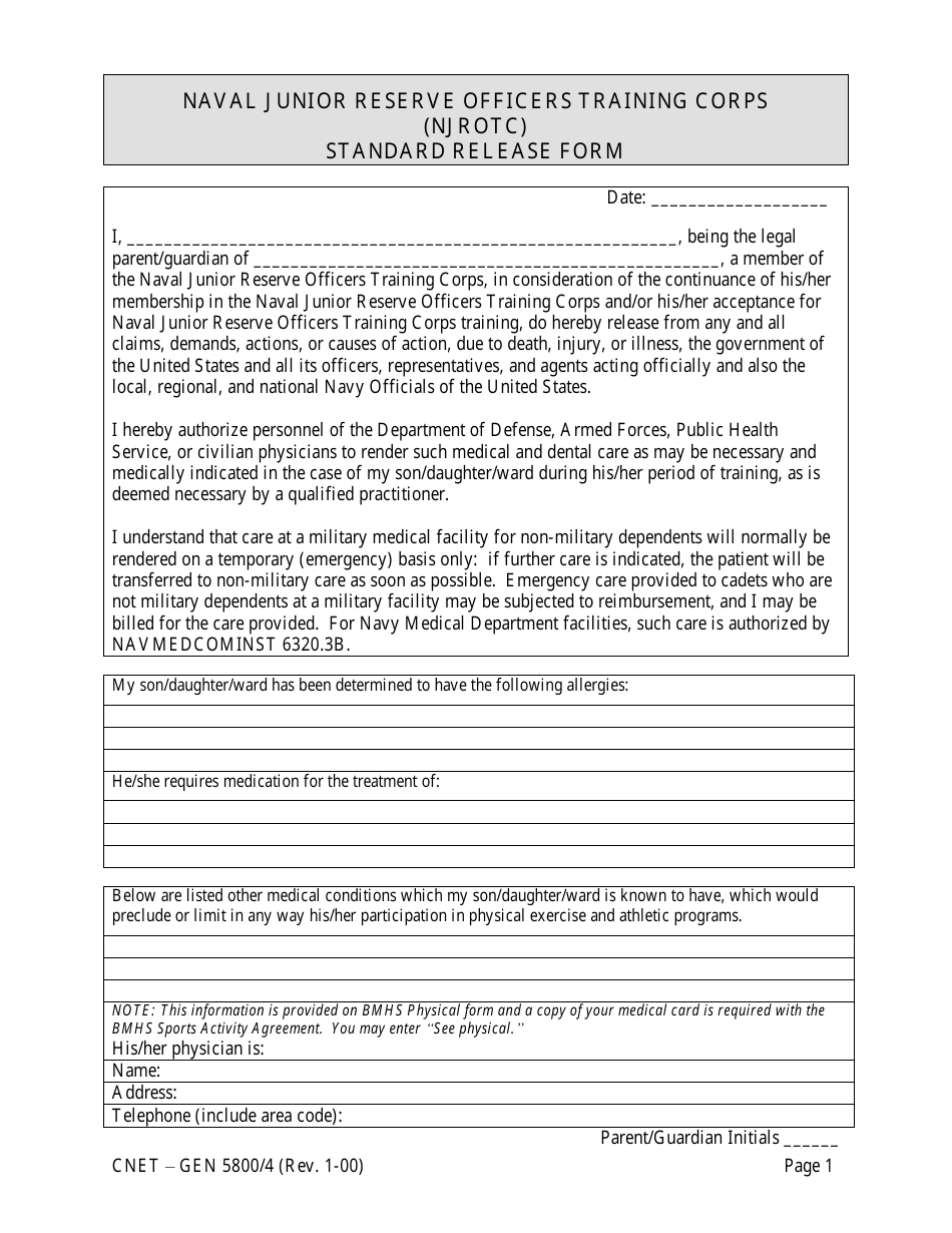 Form CNET-GEN5800 / 4 Standard Release Form - Naval Junior Reserve Officers Training Corps, Page 1