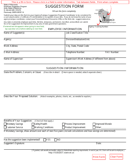 Form DOA-15800 Suggestion Form - Wisconsin