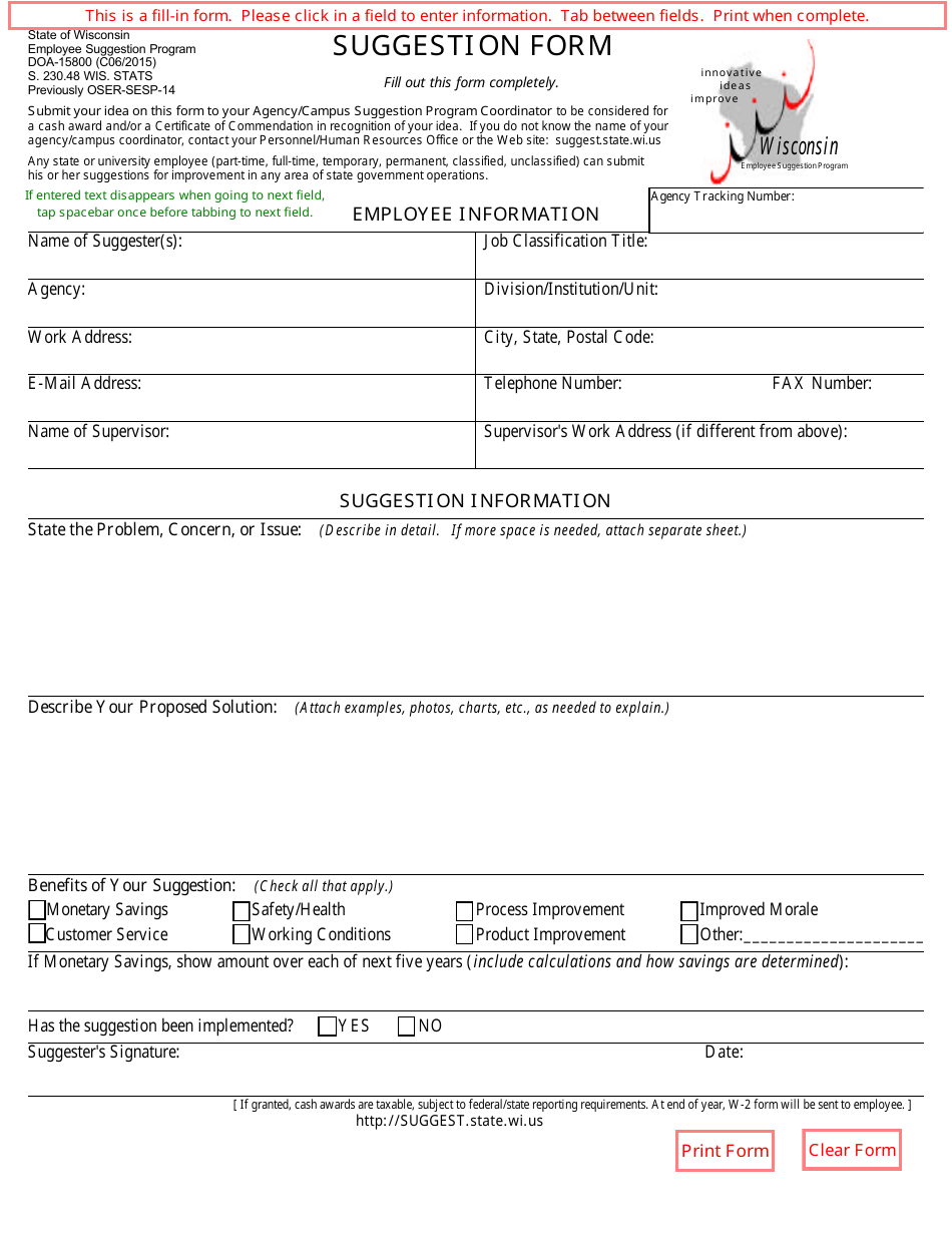 Form DOA-15800 Suggestion Form - Wisconsin, Page 1