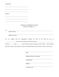 Document preview: Notice of Contest of Lien - Orange County, Florida