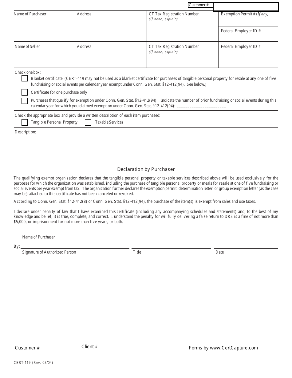 Form CERT-119 Purchases of Tangible Personal Property and Services by Qualifying Exempt Organizations - Connecticut, Page 1