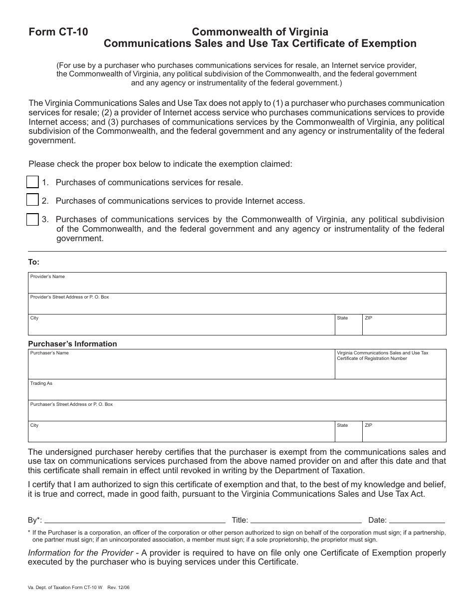 Form CT-10 Communications Sales and Use Tax Certificate of Exemption - Virginia, Page 1