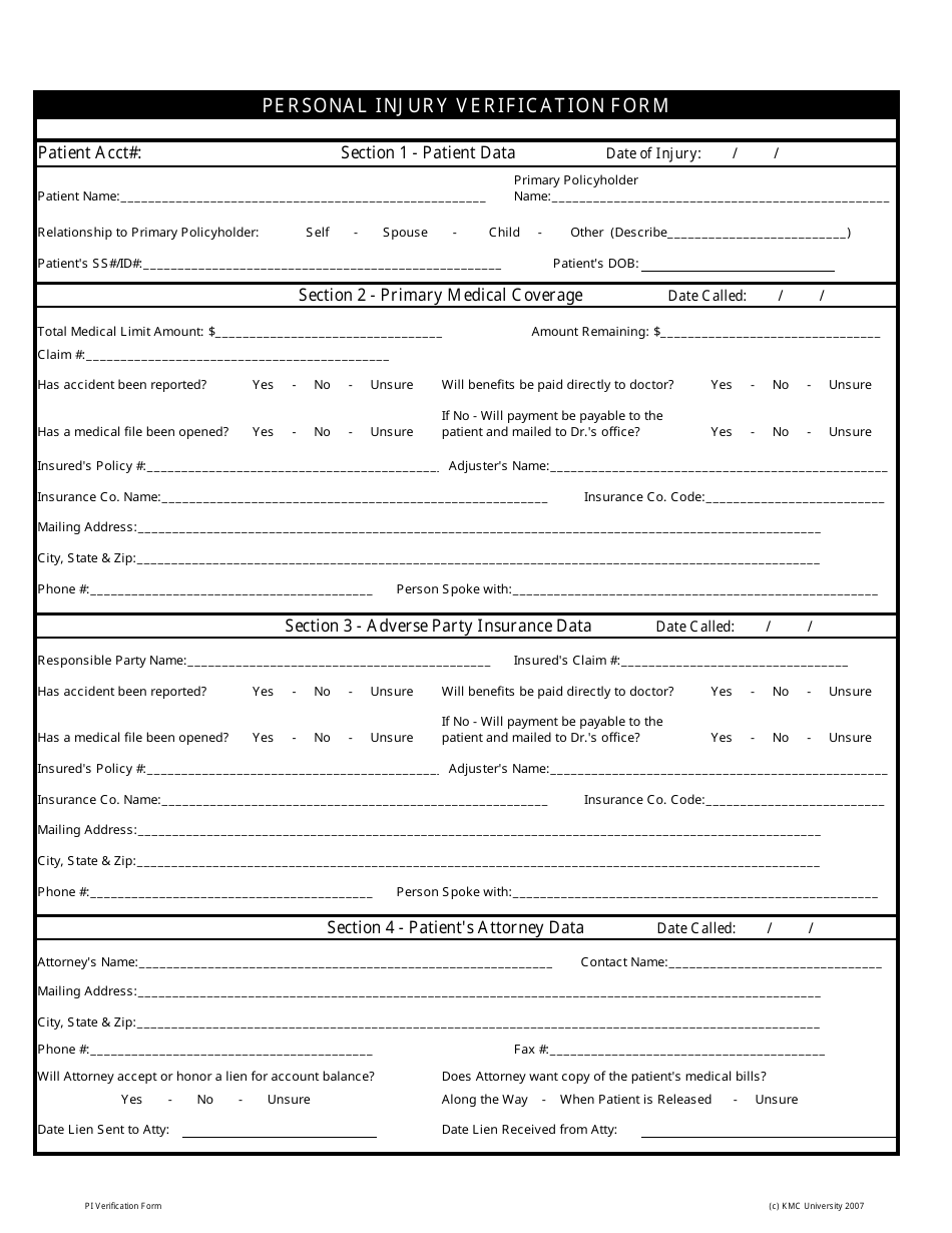 Personal Injury Verification Form, Page 1