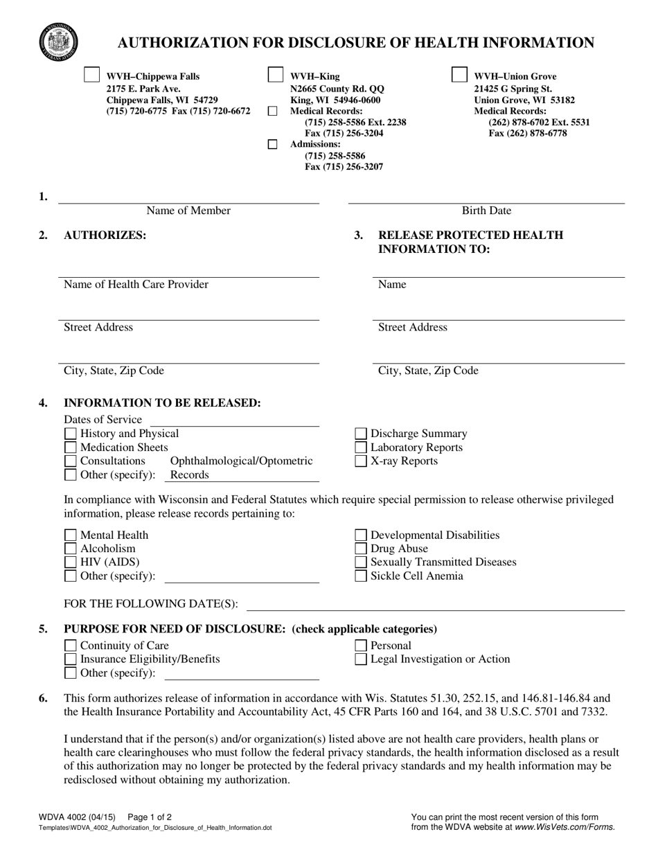 Form WDVA4002 Authorization for Disclosure of Health Information - Wisconsin, Page 1