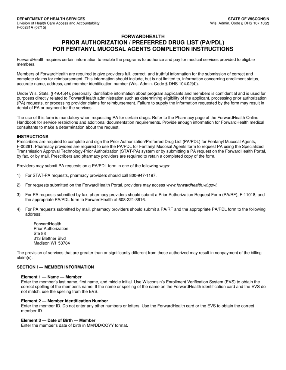 Instructions for Form F-00281 Prior Authorization / Preferred Drug List (Pa / Pdl) for Fentanyl Mucosal Agents - Wisconsin, Page 1