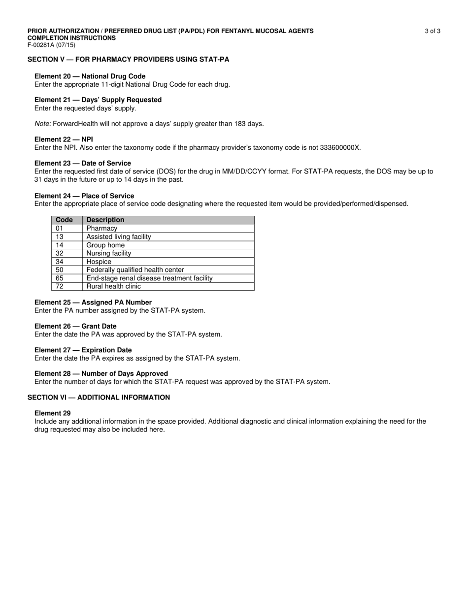 Instructions for Form F-00281 Prior Authorization / Preferred Drug List (Pa / Pdl) for Fentanyl Mucosal Agents - Wisconsin, Page 3