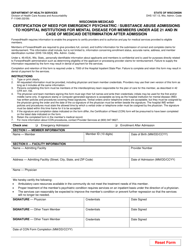 Document preview: Form F-11048 Certification of Need for Emergency Psychiatric/Substance Abuse Admissions to Hospital Institutions for Mental Disease for Members Under Age 21 and in Case of Medicaid Determination After Admission - Wisconsin