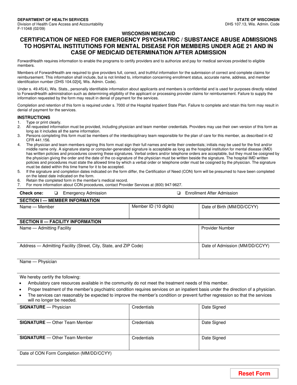 Form F-11048 Certification of Need for Emergency Psychiatric / Substance Abuse Admissions to Hospital Institutions for Mental Disease for Members Under Age 21 and in Case of Medicaid Determination After Admission - Wisconsin, Page 1