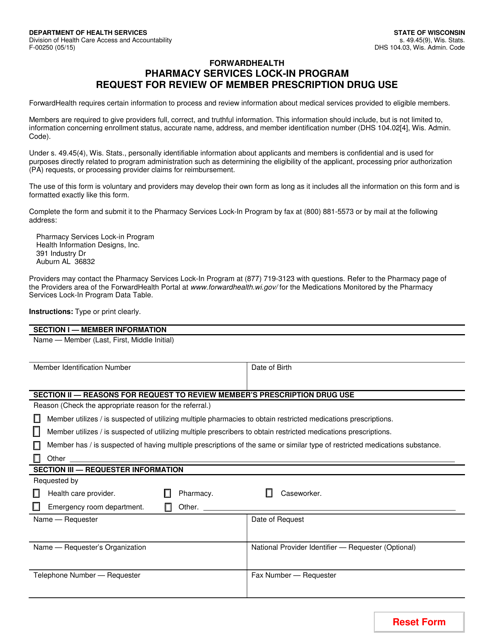 Form F-00250 Request for Review of Member Prescription Drug Use - Pharmacy Services Lock-In Program - Wisconsin